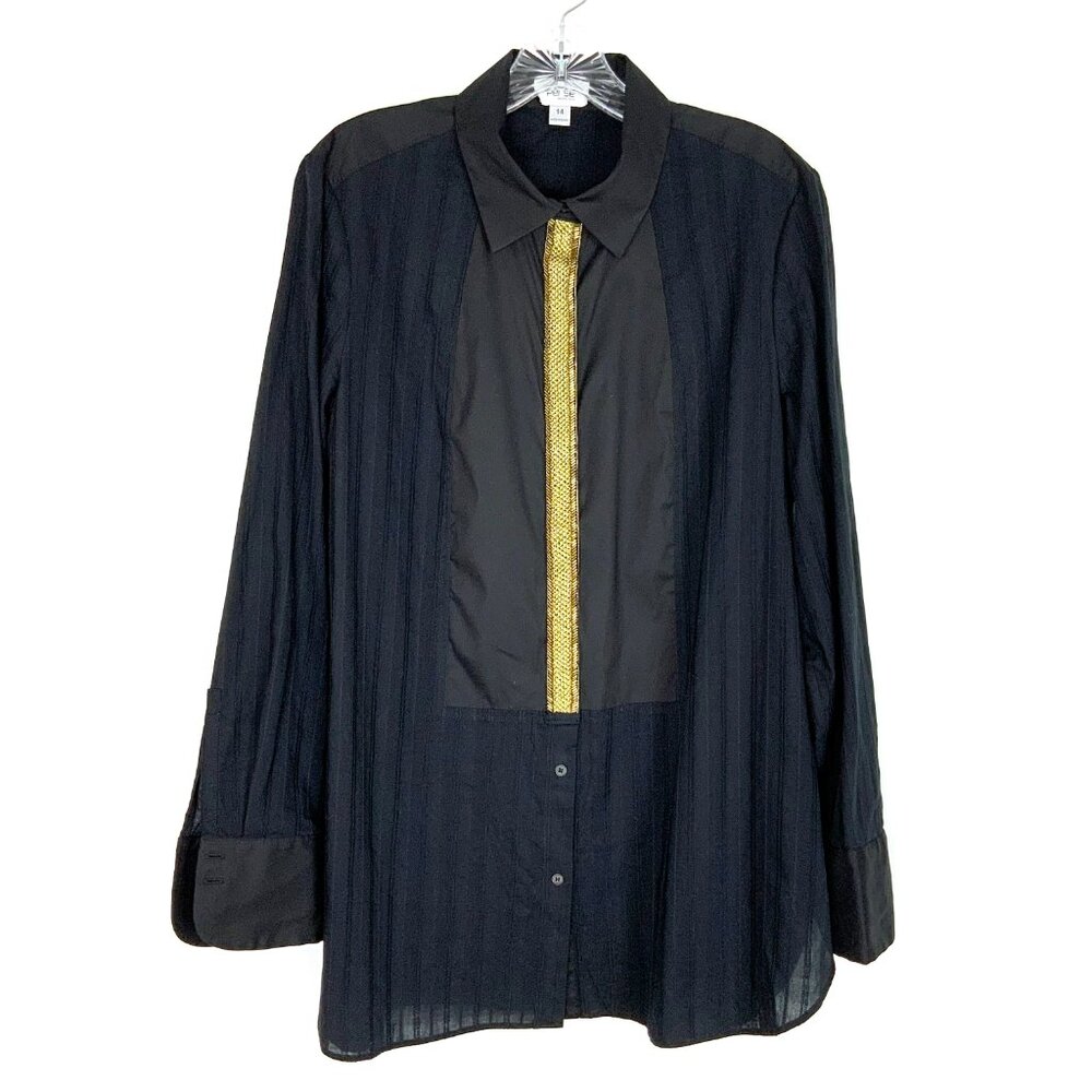 New Per Se by Carlisle Black Button Down Shirt Gold Embellishment Sz 14